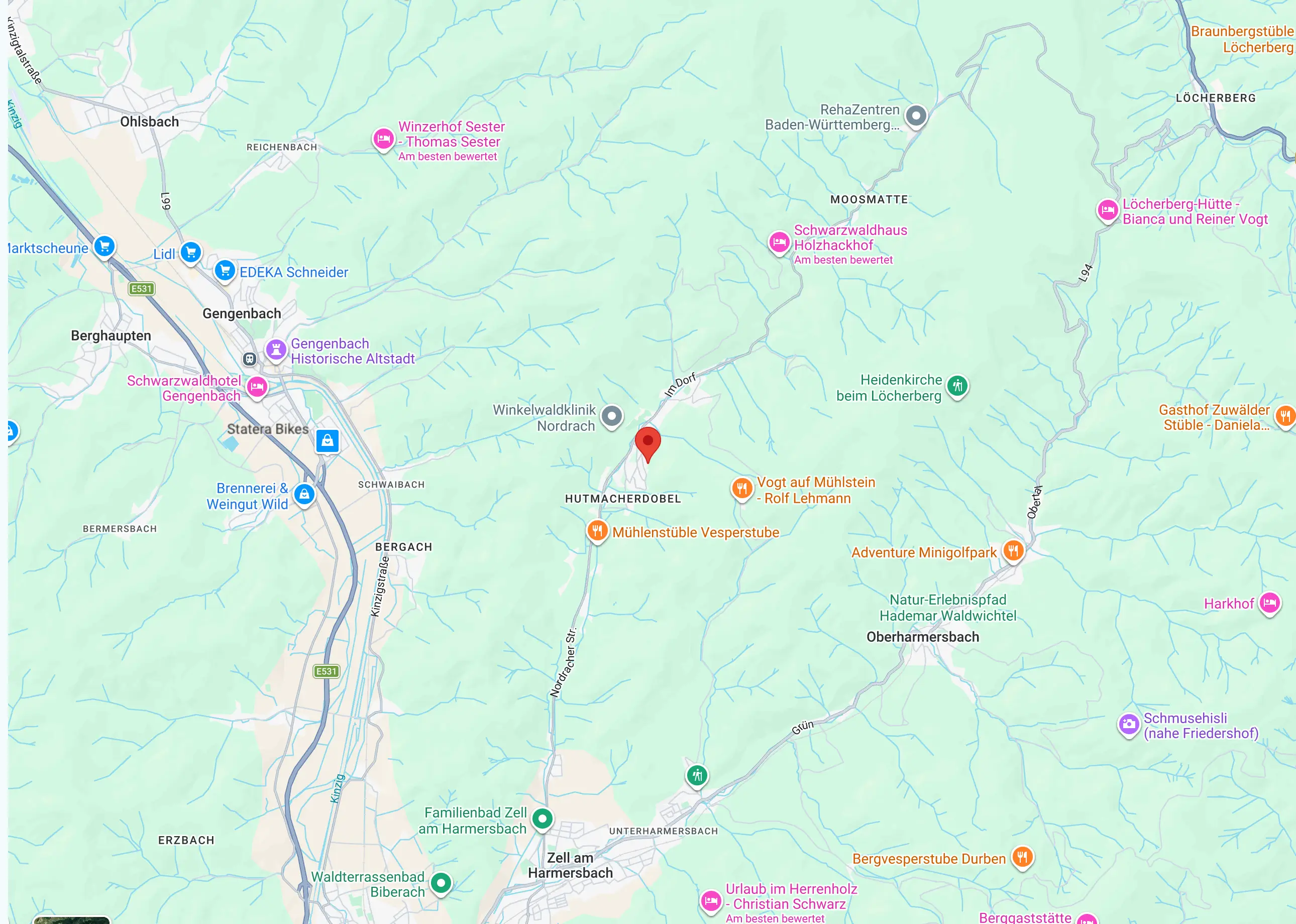 Kartenausschnitt mit Pin am Fichtenweg 6 in Nordrach, darunter Zell am Harmersbach, links Gengenbach