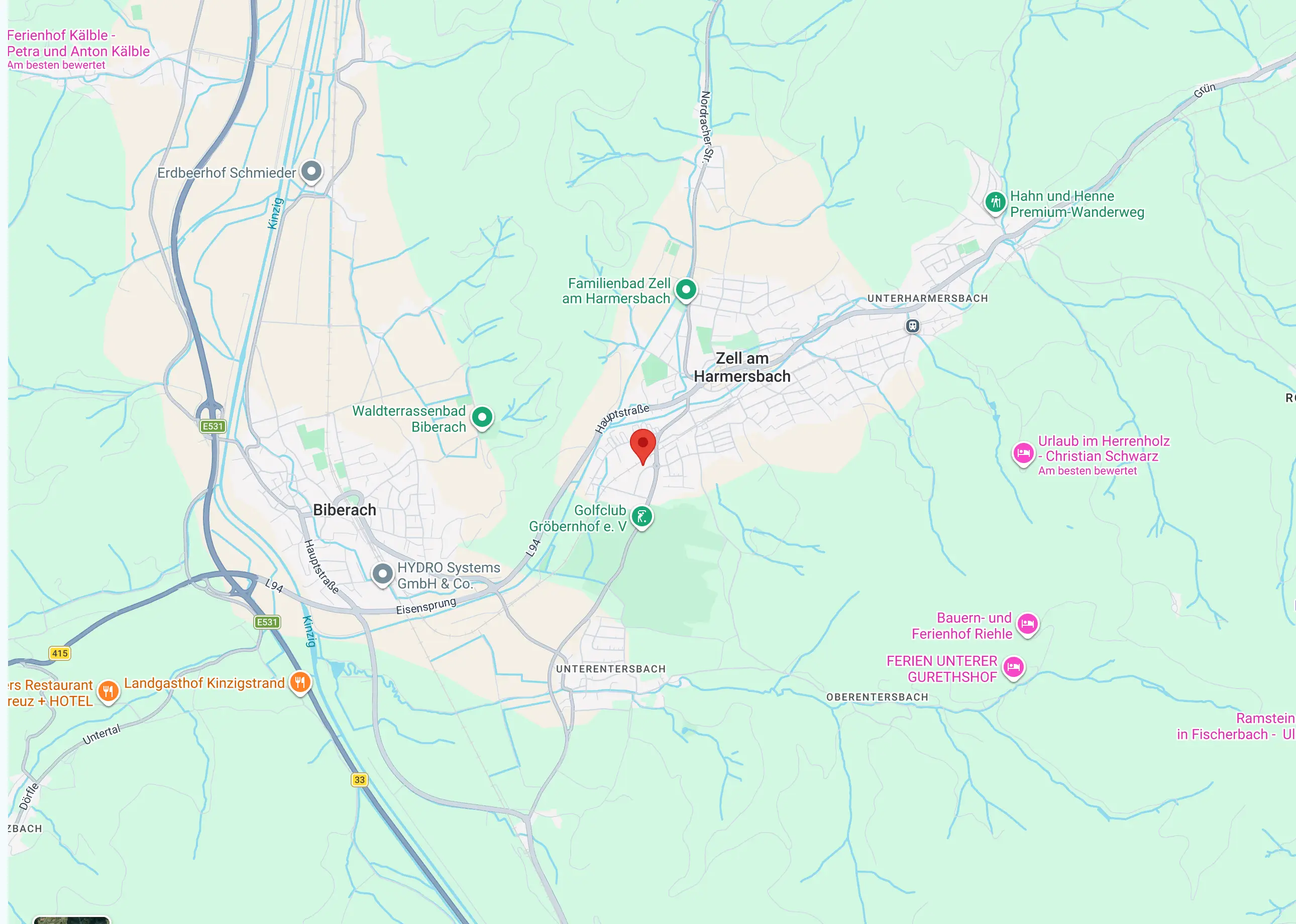 Kartenausschnitt von Zell am Harmersbach mit Pin an der Adresse Auf der Hausmatt 2